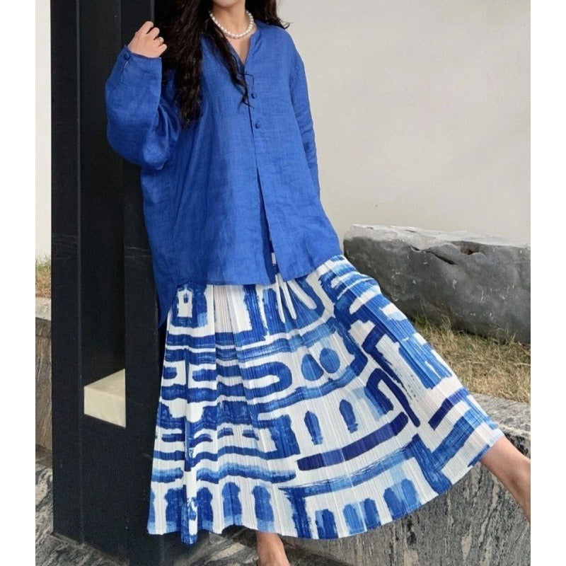 Design sense pleated skirt for women high waisted printed loose skirt