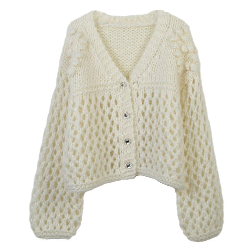 Women's V-neck long sleeved hollowed out loose mohair knitted cardigan jacket