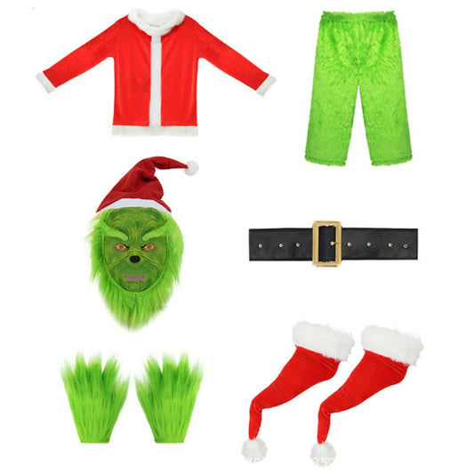 Halloween Green Haired Monster Grinch cosplay costume Santa Claus with woolen pants set cosplay costume