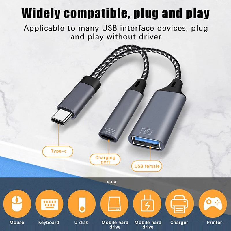 USB C OTG Cable Phone Adapter 2 In 1 Type C To USB A Adapter With PD Charging Port For Phone Laptop Tablet