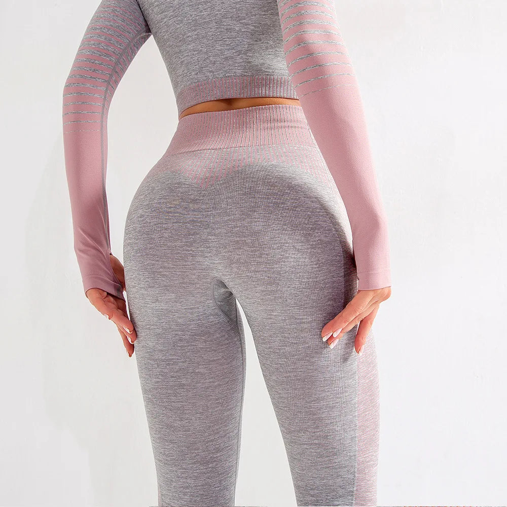 Gradient Sport Suit Woman Seamless Running Tracksuit Sportswear Gym Crop Top Yoga Pant Fitness Clothes Workout Leggings Yoga Set