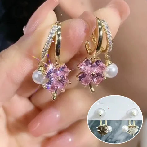 Fashion Jewelry Purple Crystal & Pearl Four-Leaf Clover Ear Clip Earrings