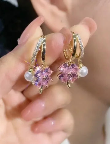 Fashion Jewelry Purple Crystal & Pearl Four-Leaf Clover Ear Clip Earrings