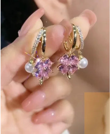 Fashion Jewelry Purple Crystal & Pearl Four-Leaf Clover Ear Clip Earrings