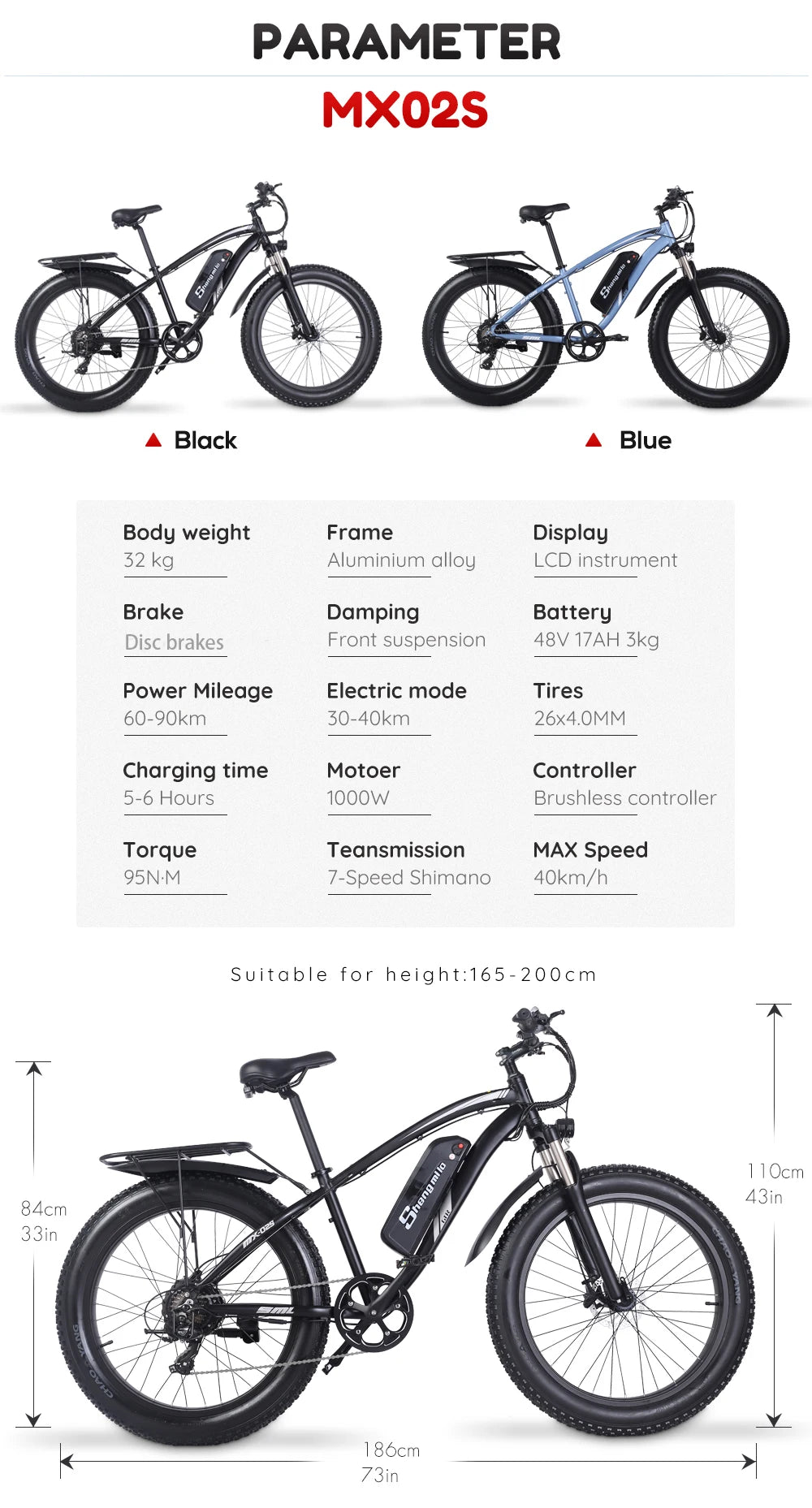 MX02S Electric Bike 48V1000W 26 In e bike 17AH Lithium Battery men's Mountain Bike Fat Tire Ebike Adult Electric Bicycle