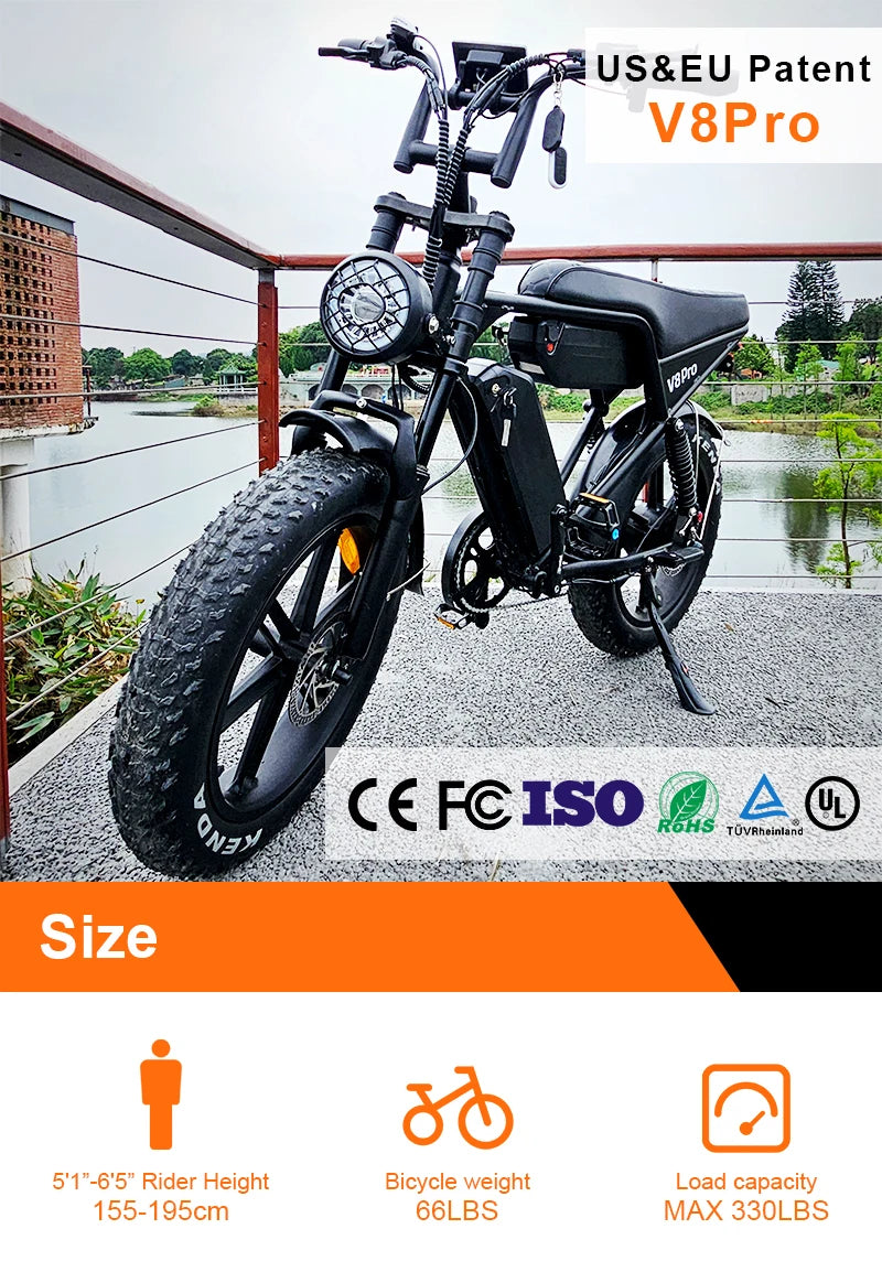 V8 Pro Electric Fat Tire Bike 250W e-Bike 48V 20inch Tire 15ah Battery Capacity Steel Frame Original Electric Mountain Bike